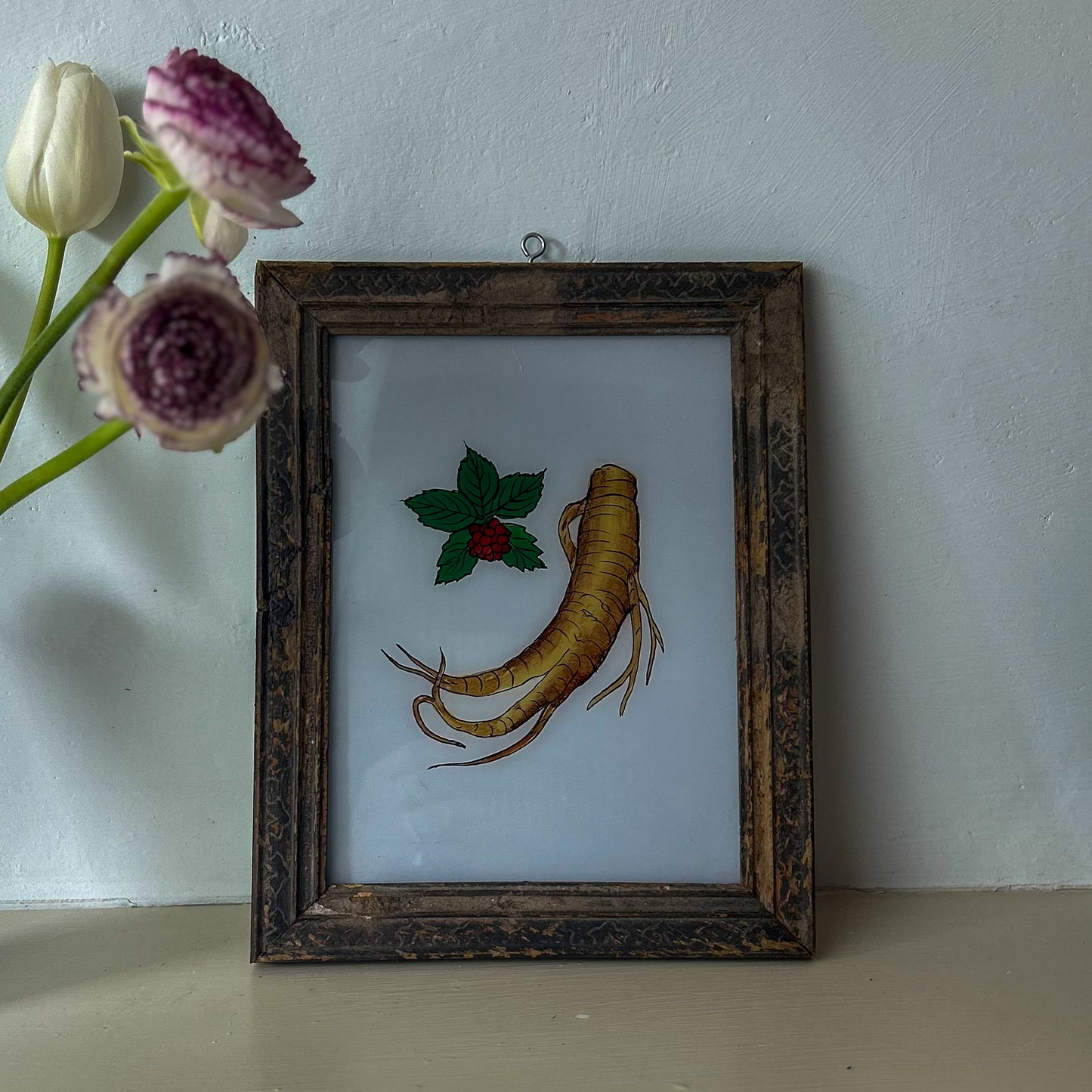 INDIAN-GLASS-REVERSE-PAINTING-HAND-PAINTED-ART-PICTURE-GINSENG-ROOT