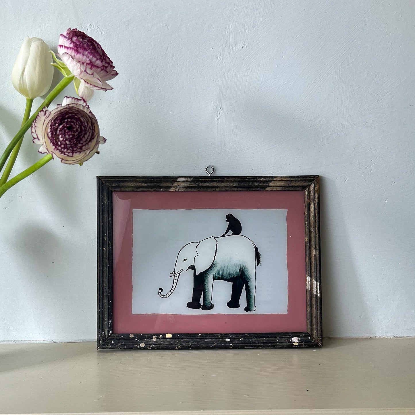 INDIAN-GLASS-REVERSE-PAINTING-HAND-PAINTED-ART-PICTURE-MONKEY-ON-ELEPHANT