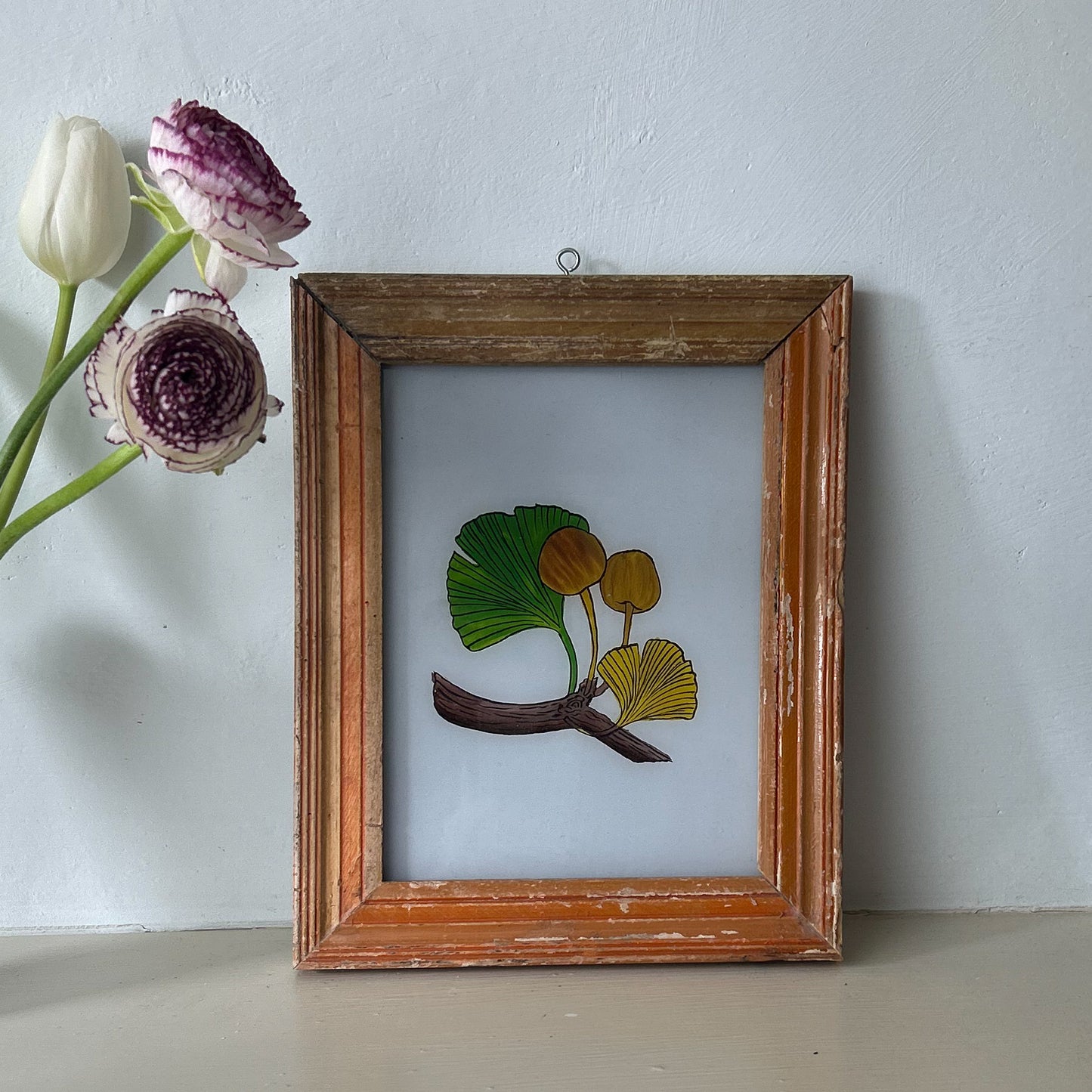 INDIAN-GLASS-REVERSE-PAINTING-HAND-PAINTED-ART-PICTURE-GINKGO-LEAVES-AND-MUSHROOMS