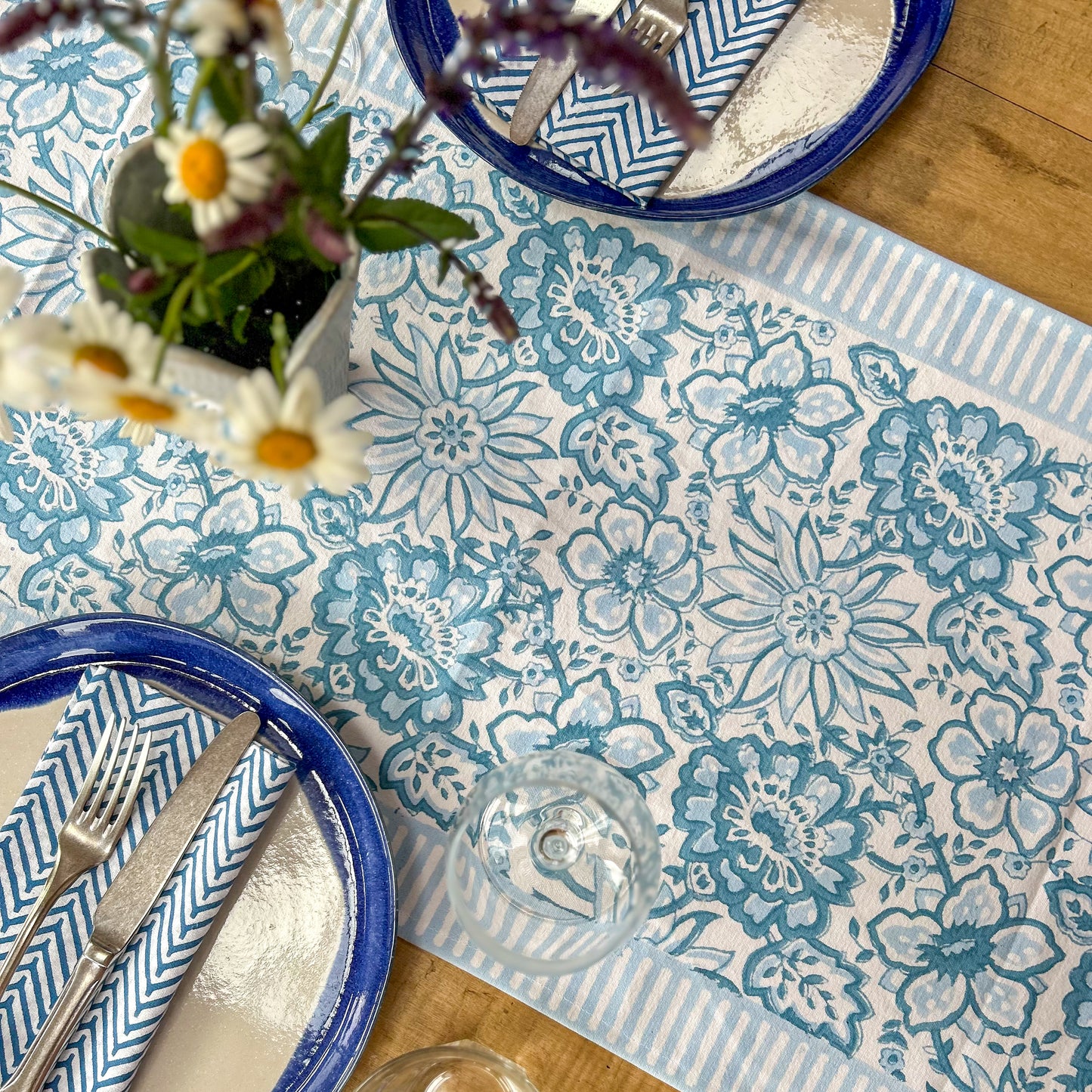 NEW MEADOW BABY BLUE hand block printed runner