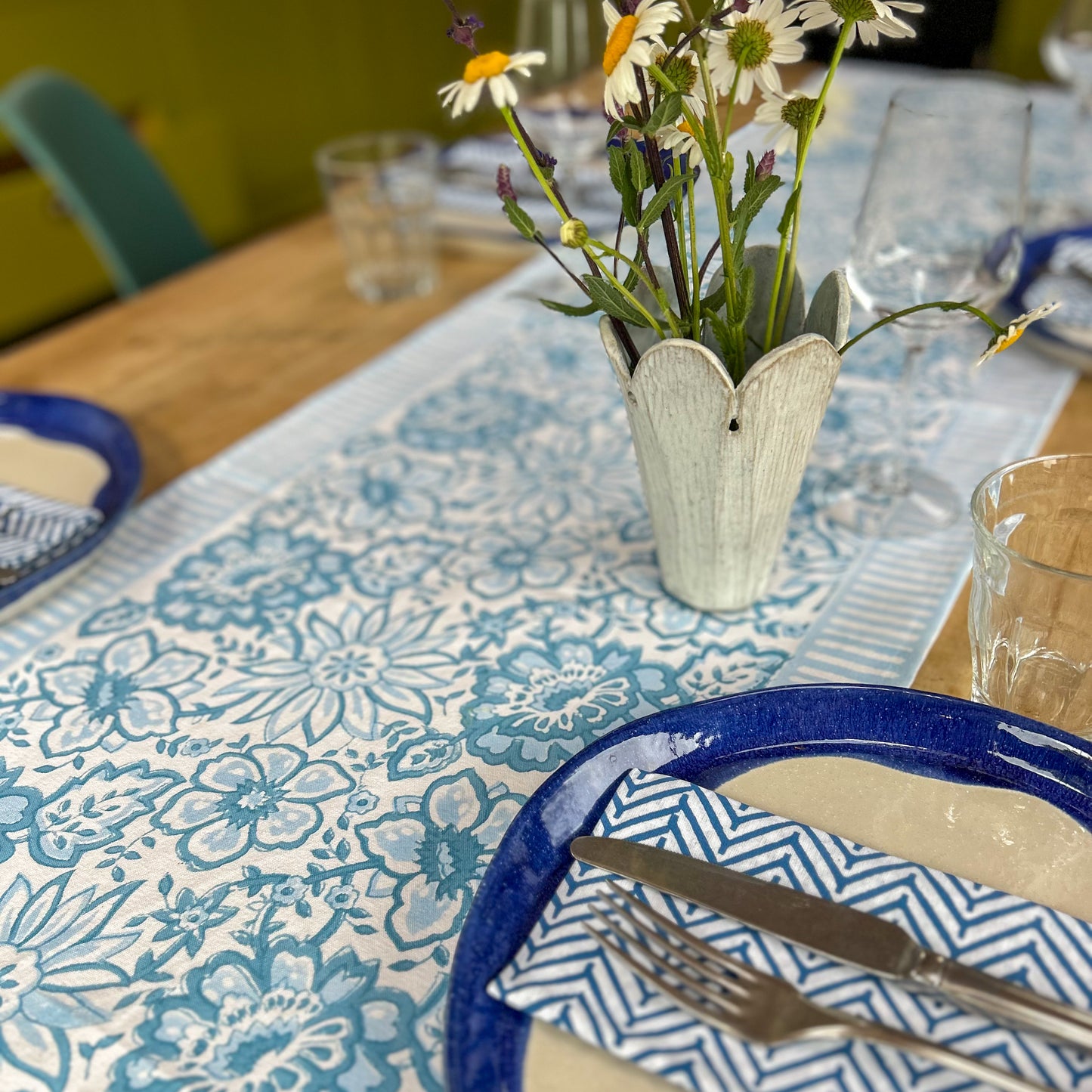 NEW MEADOW BABY BLUE hand block printed runner
