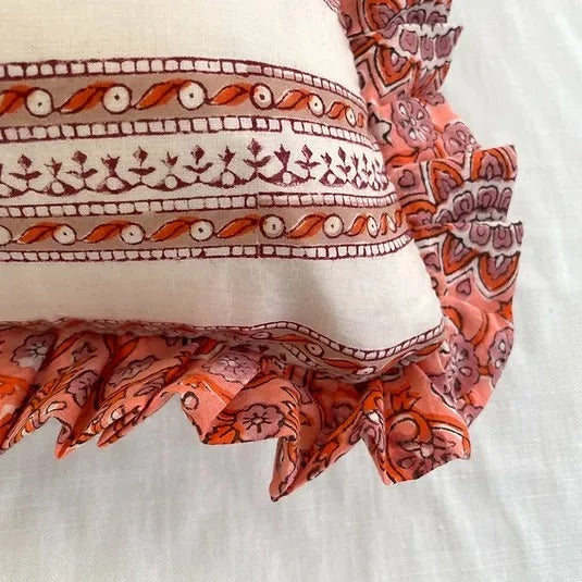 TRELLLIS PEACH RUFFLE block printed ruffle cushion