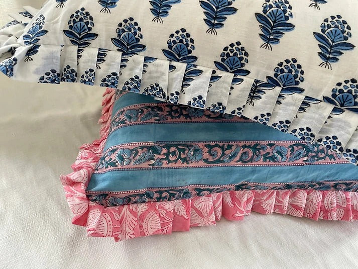 TRELLLIS PINK RUFFLE block printed ruffle cushion