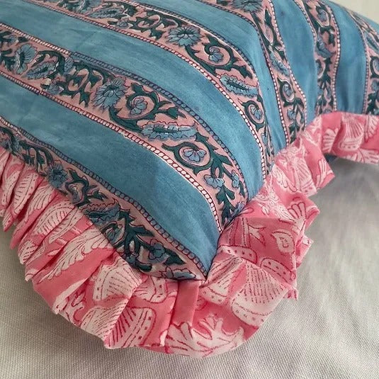 TRELLLIS PINK RUFFLE block printed ruffle cushion