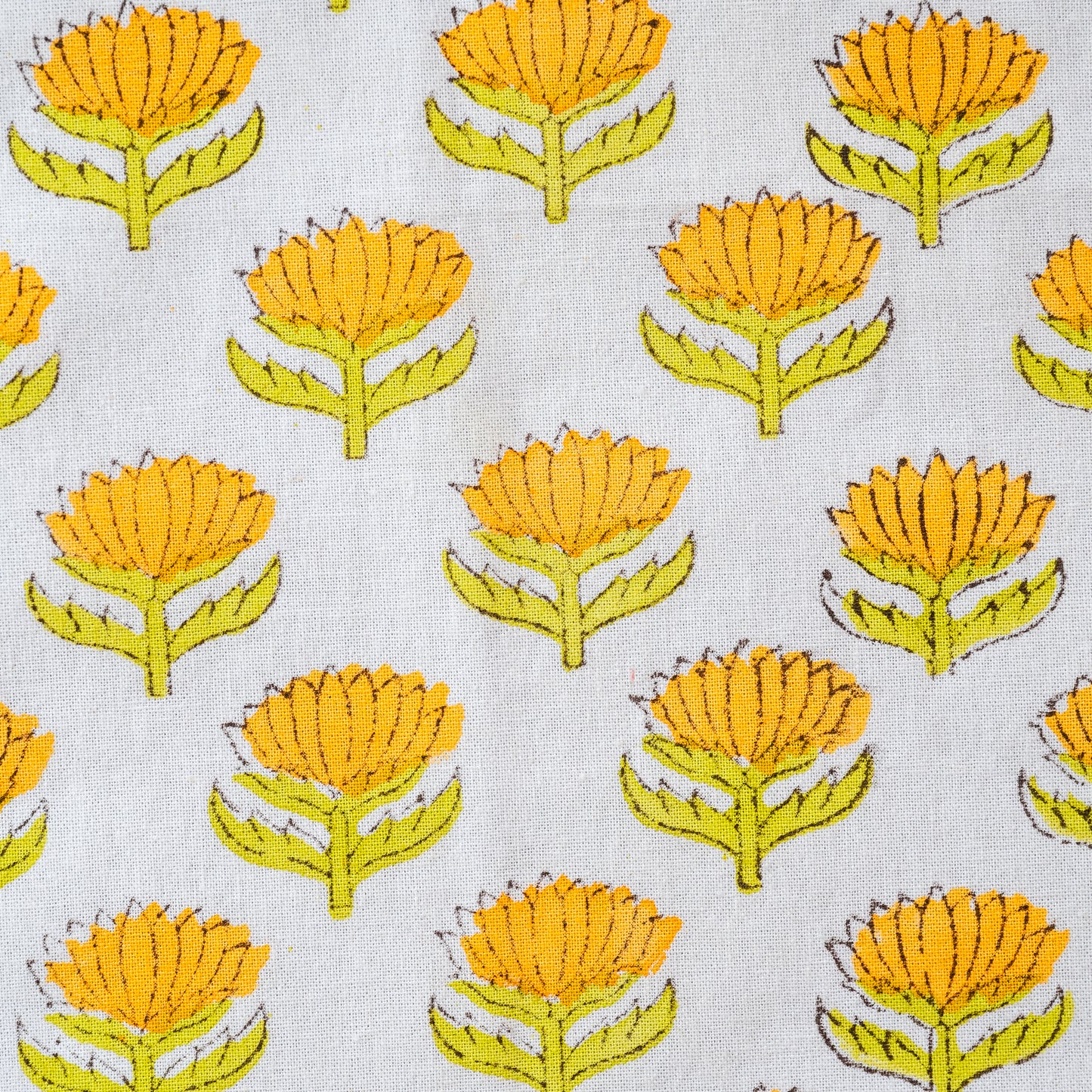 Pattern of yellow flowers with green stems on a white background