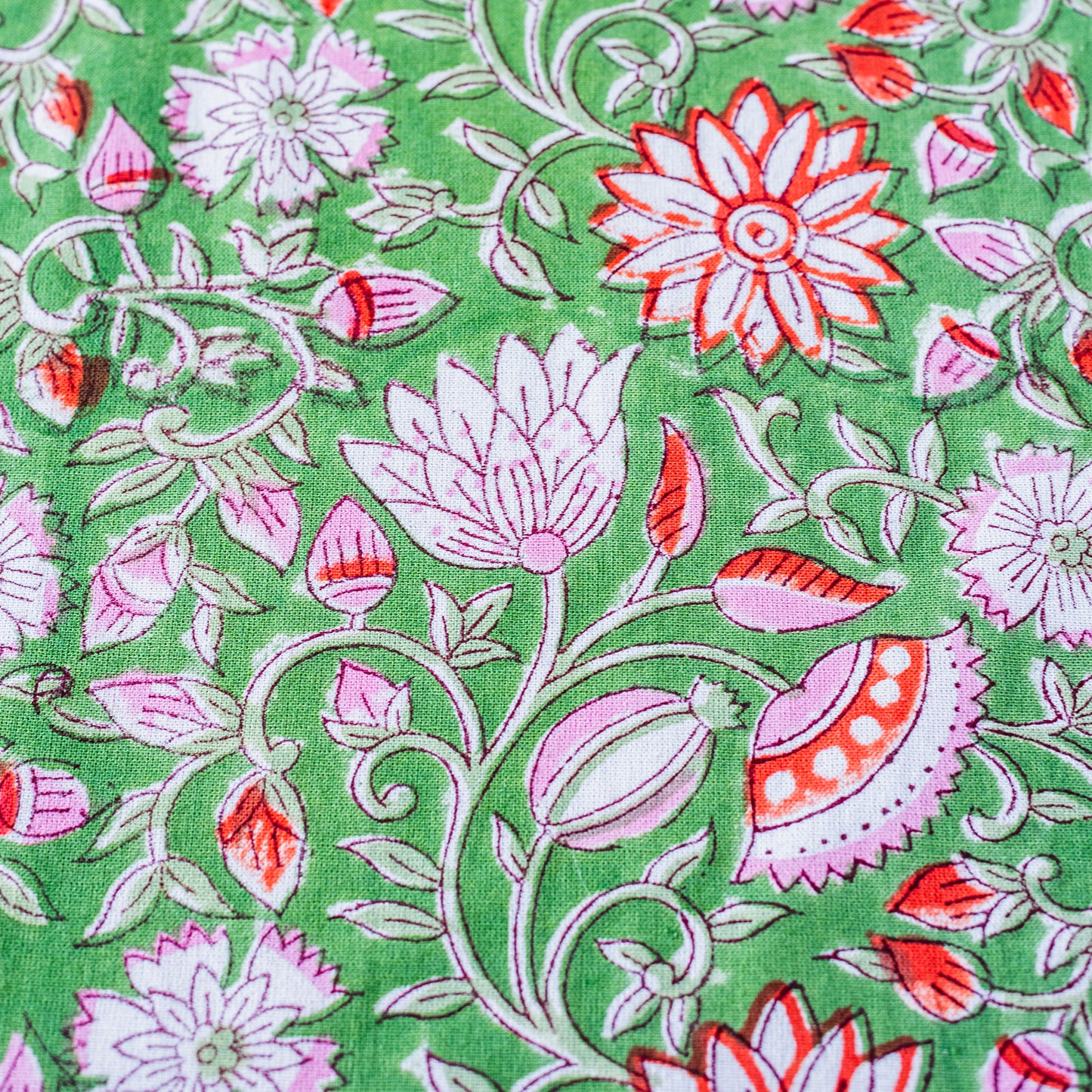 Floral patterned fabric with pink and white flowers on a green background. FLORAL-GREEN-NEW-GARDEN