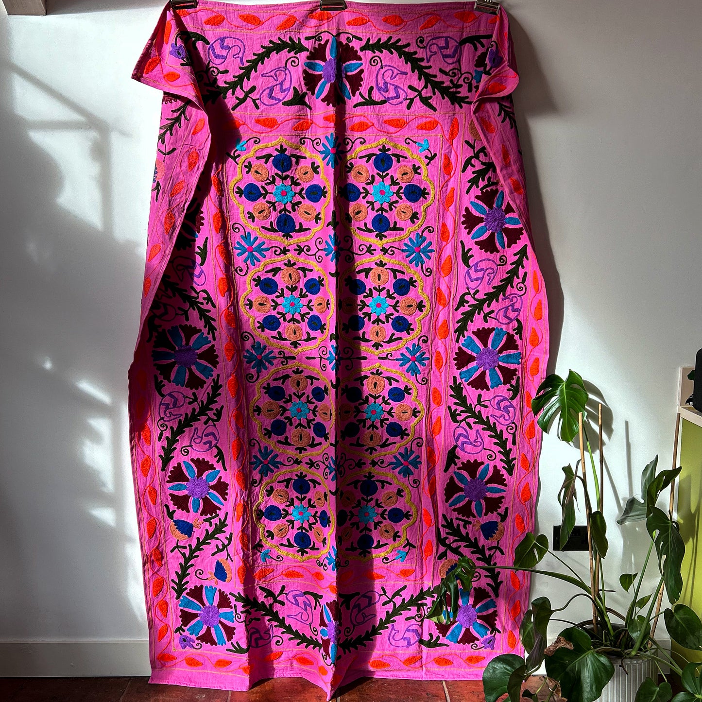 suzani-stitched-wall-hanging-bedspread-bright-pink-traditional-colours-detail-pattern