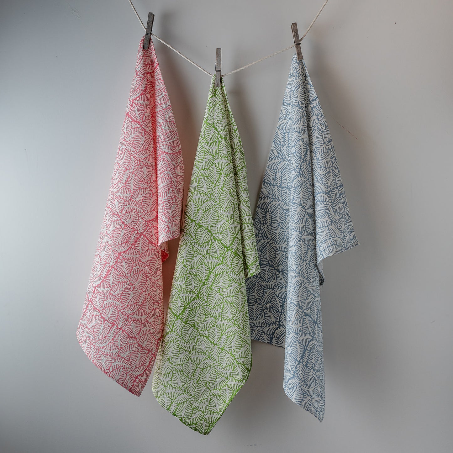 leaf-block-printed-green-lime-begonia-airy-blue-tea-towel-trio