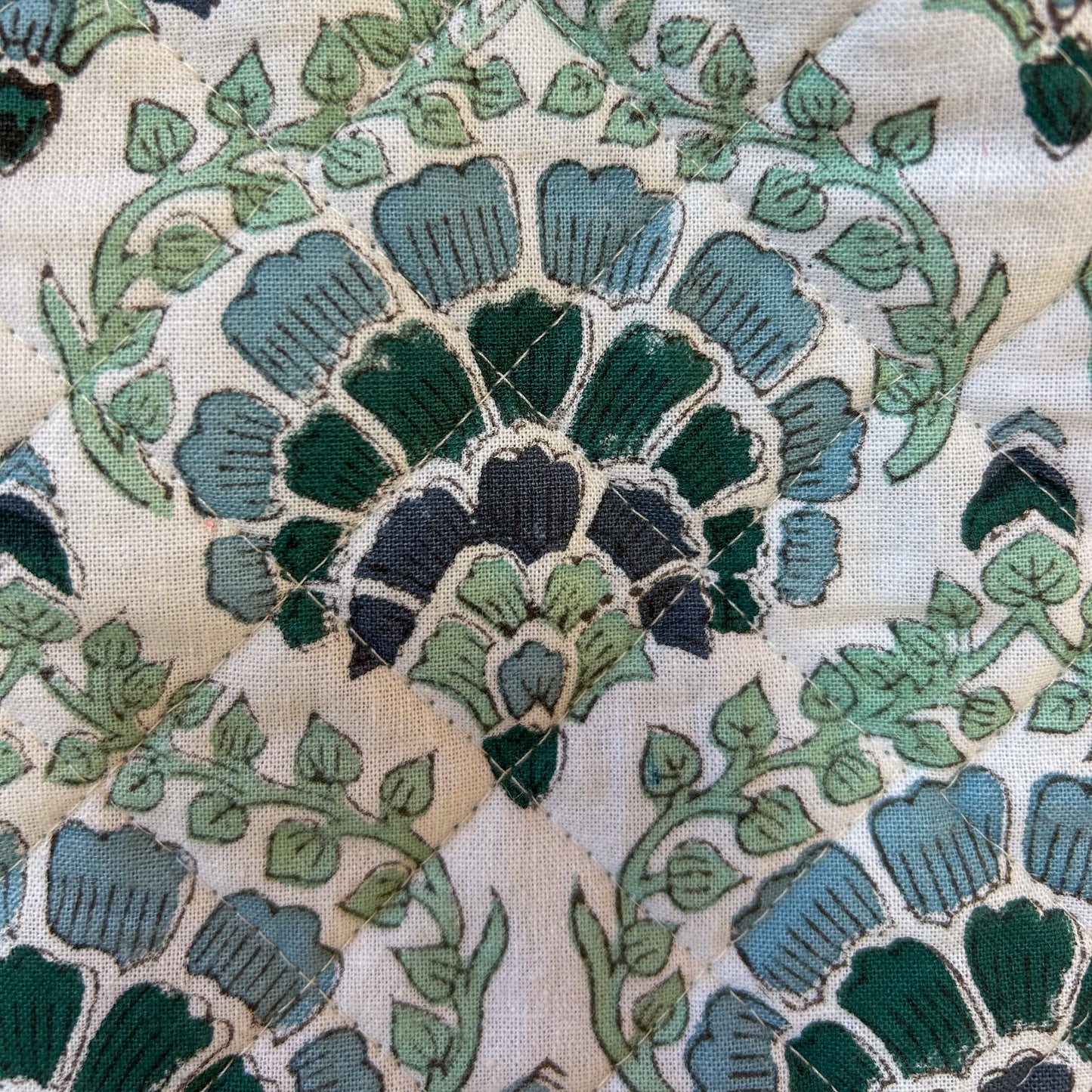 Close-up of a floral pattern with blue and green colors on a fabric background
