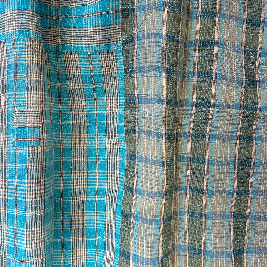 Close-up of blue and green plaid fabric. kantha-vintage-2011-hand-made-blanket-throw-textiles-wall-hanging