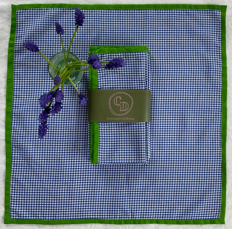Blue and white checkered napkin with green border, purple flowers, Set of 4 napkins