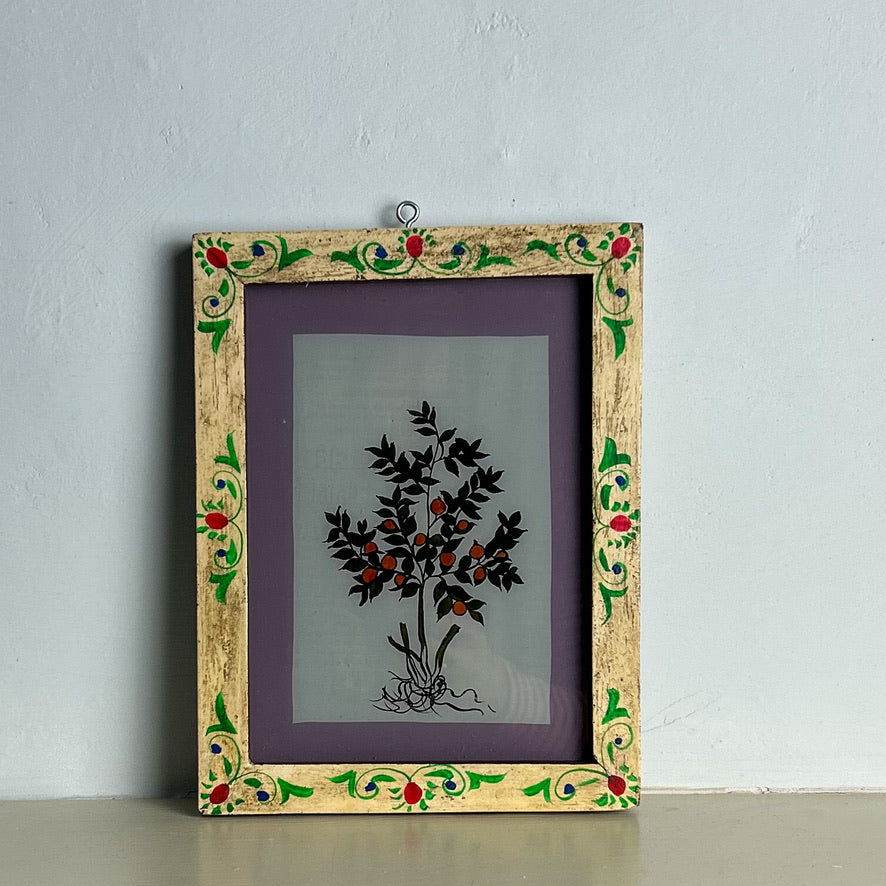 ORANGE TREE WITH AGED CREAM FLORAL FRAME Indian glass painting