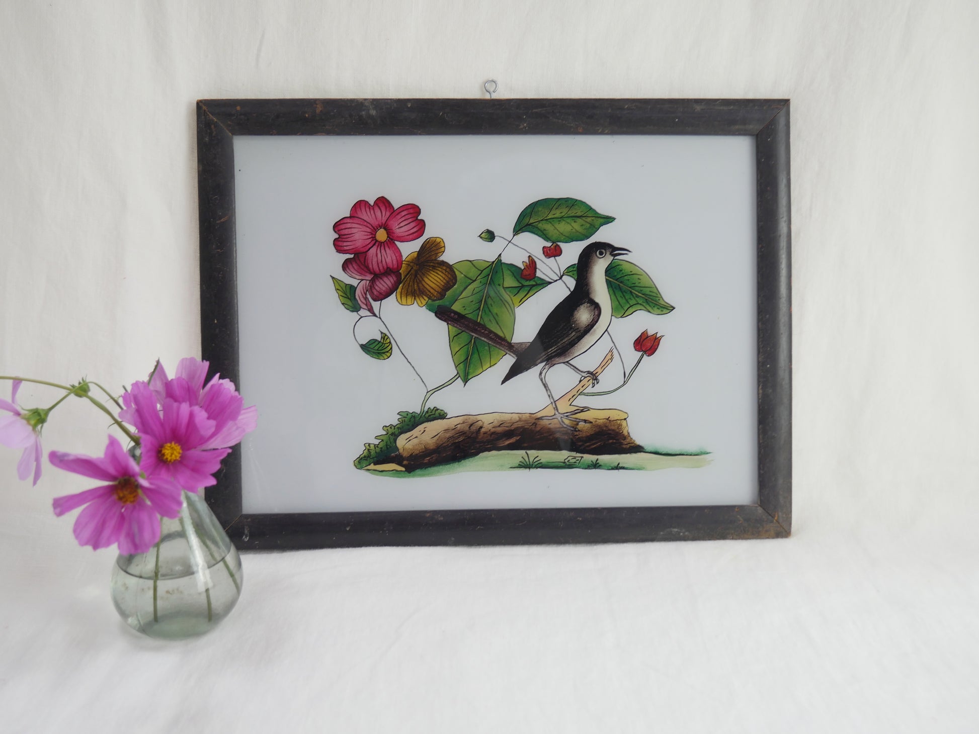 BIRD AND FLOWER INDIAN REVERSE GLASS PAINTING