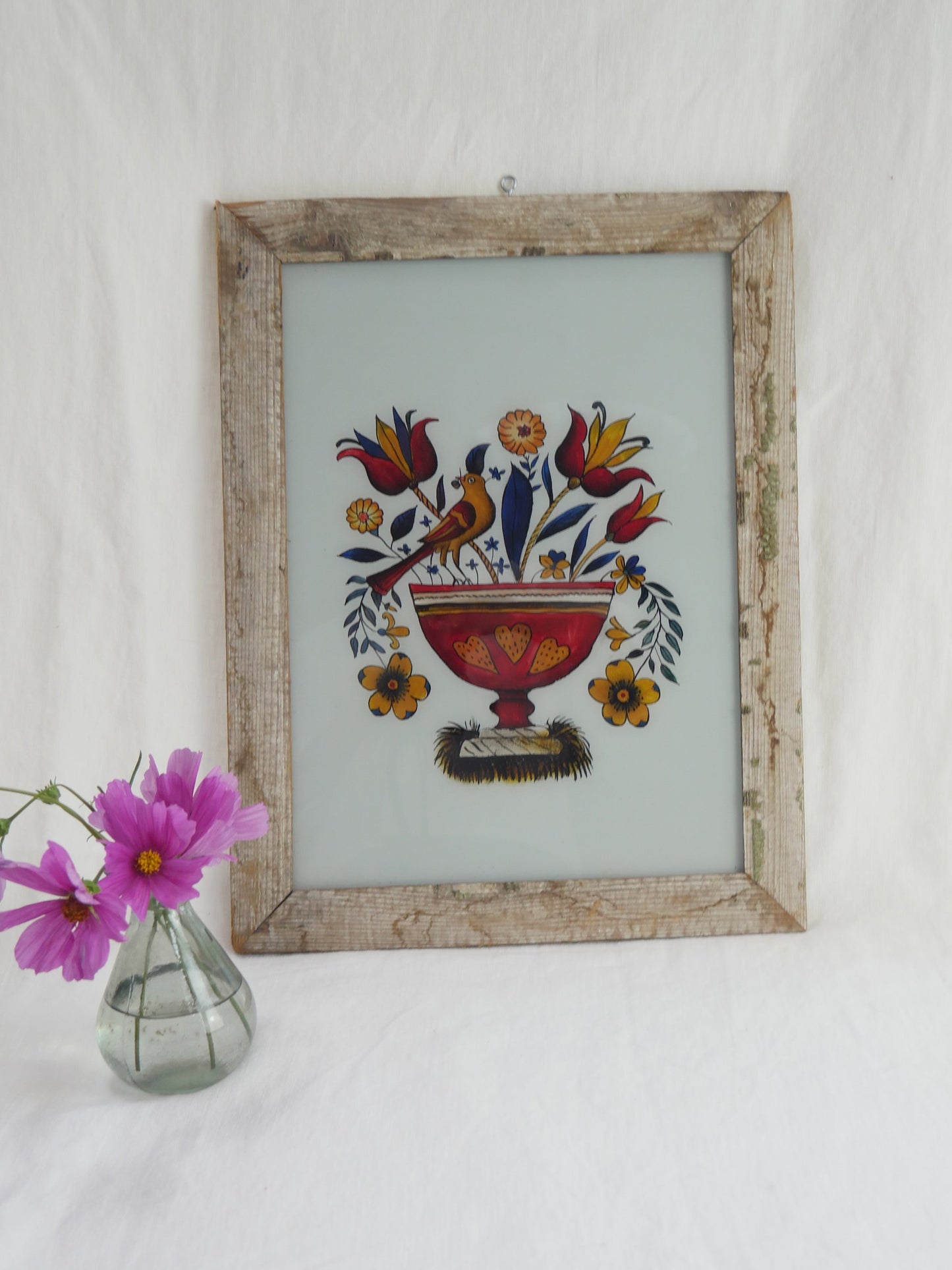 BIRD AND VASE INDIAN REVERSE GLASS PAINTING LARGE