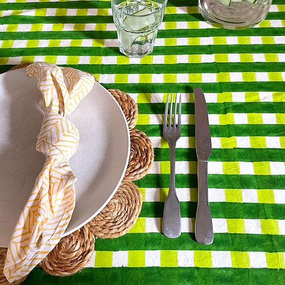 CHECK MATE LEAF block hand block printed round tablecloth