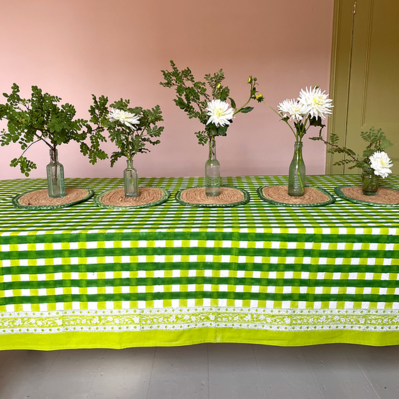 CHECK MATE LEAF hand block printed tablecloth-vases