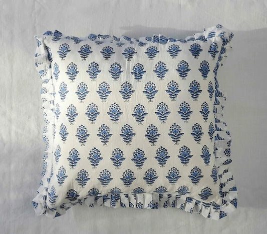 CHRYSANTHEMUM BLUE COBALT block printed ruffle cushion