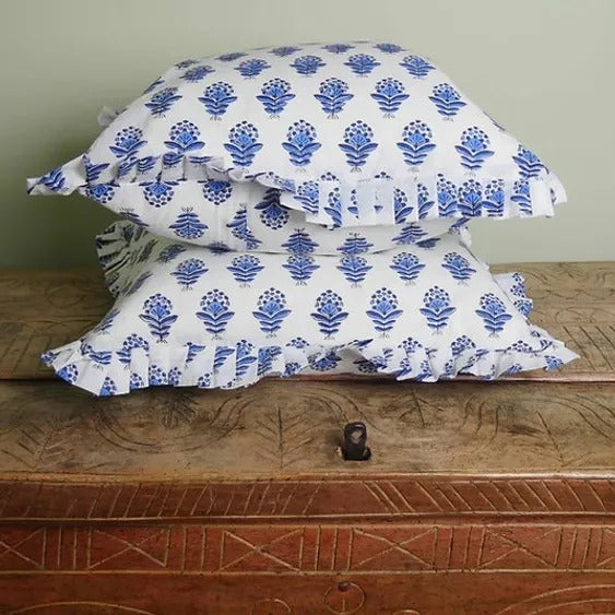 CHRYSANTHEMUM BLUE COBALT block printed ruffle cushion