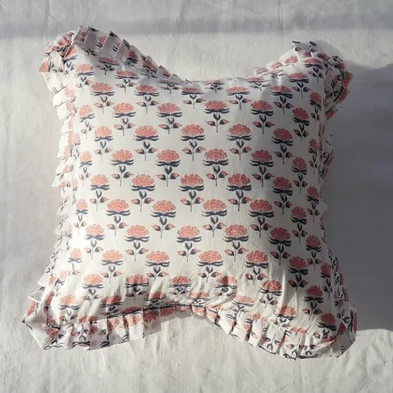 CHRYSANTHEMUM BLUSH block printed ruffle cushion