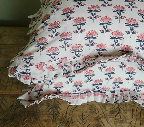 CHRYSANTHEMUM BLUSH block printed ruffle cushion