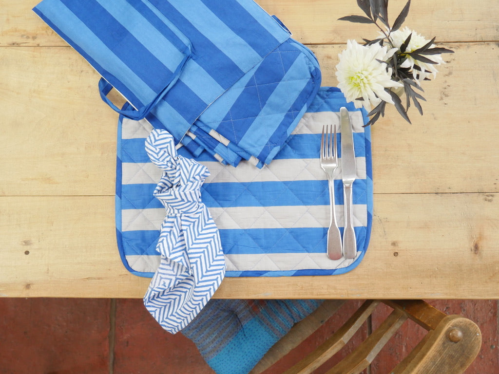 COBALT WIDE STRIPE set of 6 quilted placemats