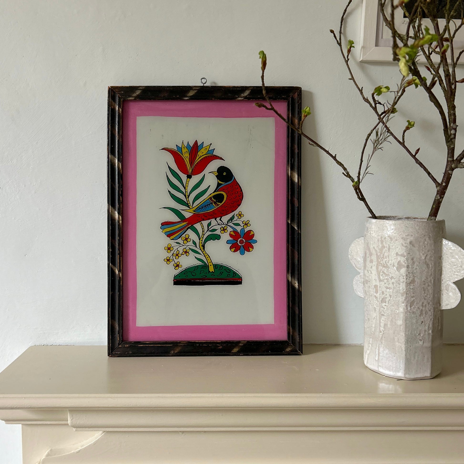 INDIAN-PAINTING-ART-REVERSE-GLASS-HANDPAINTED-BIRD-PINK-FRAME-large
