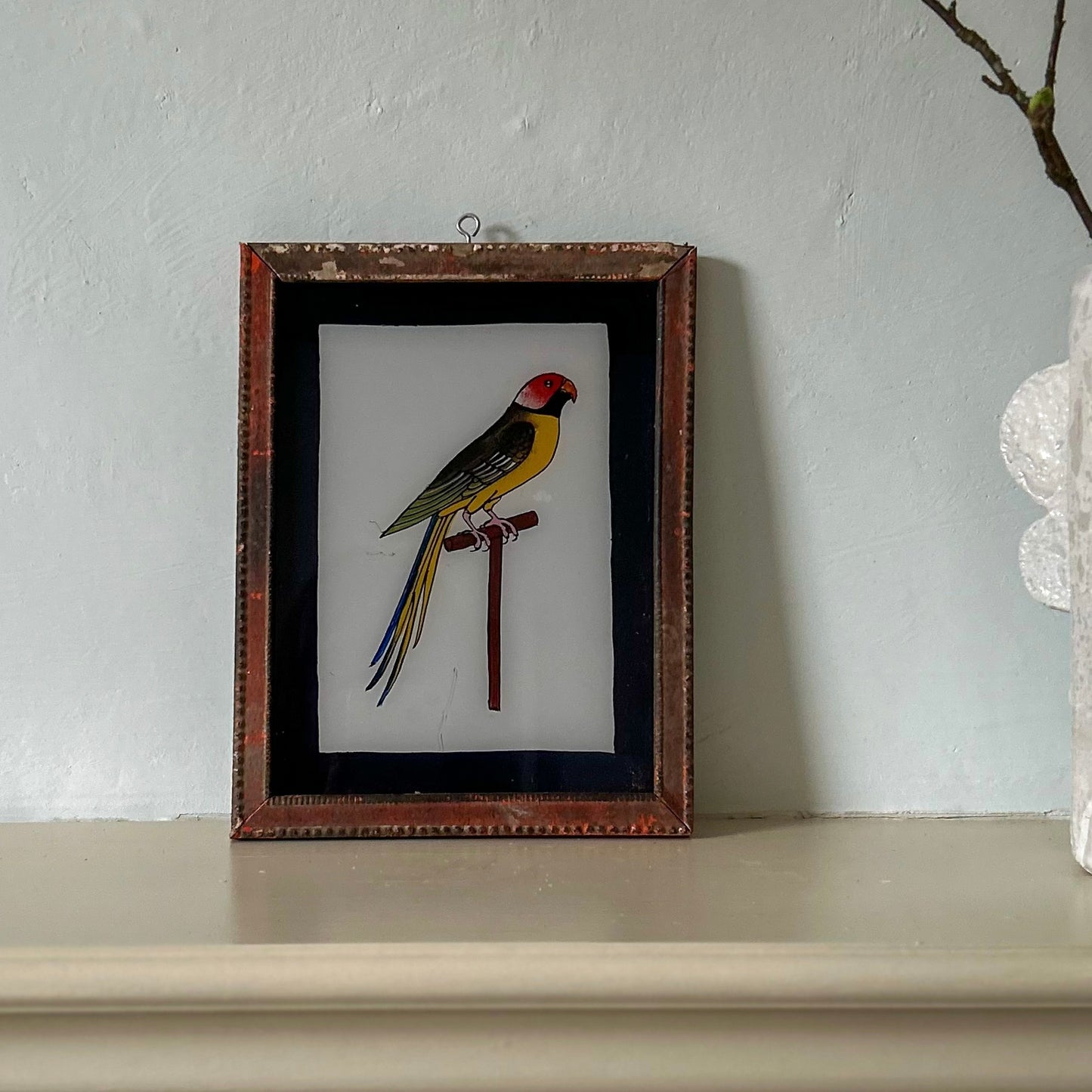 INDIAN-PAINTING-ART-REVERSE-GLASS-HANDPAINTED-BIRD-RED-BEAK