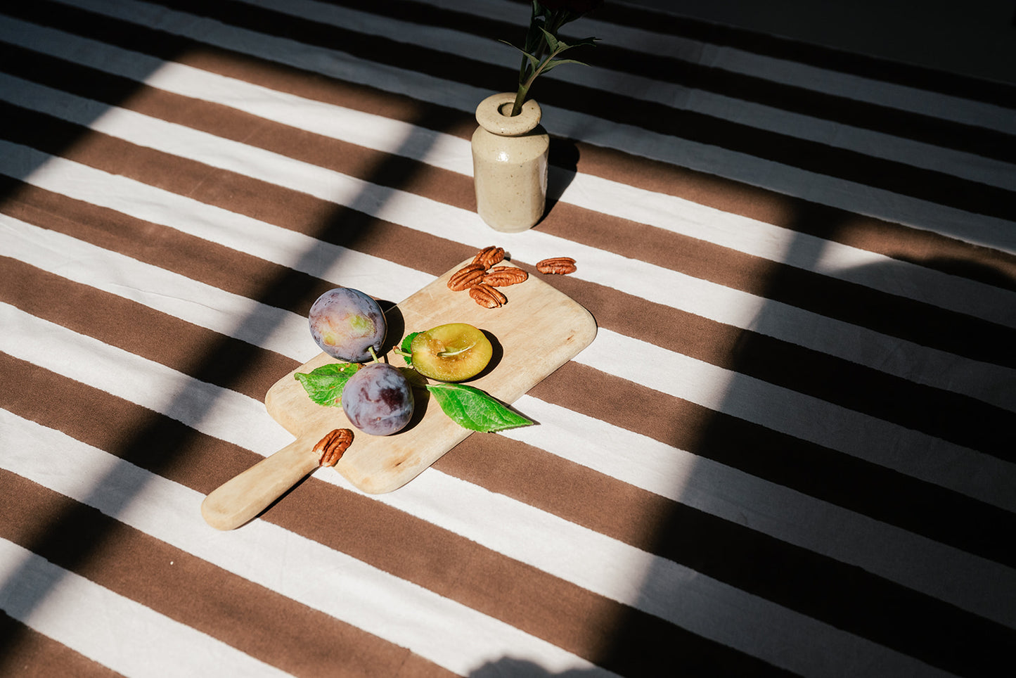 A styled flat-lay featuring a light wood cutting board with a wooden handle, holding fresh plums, a halved green fruit, and pecans, set on a brown and white striped blanket under dramatic natural sunlight and shadows.