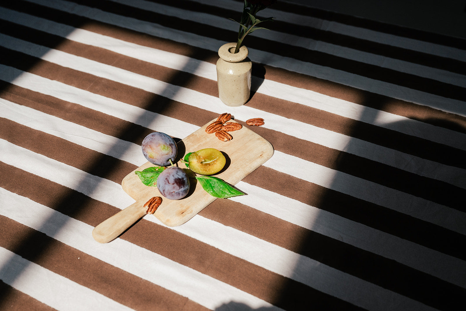 A styled flat-lay featuring a light wood cutting board with a wooden handle, holding fresh plums, a halved green fruit, and pecans, set on a brown and white striped blanket under dramatic natural sunlight and shadows.