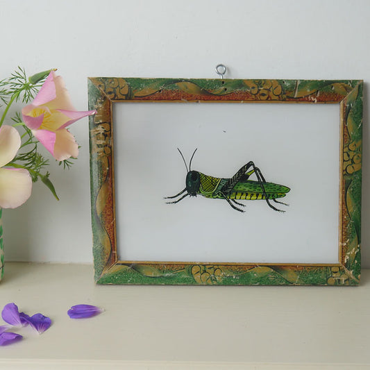 GREEN GRASSHOPPER GREEN FRAME Indian glass painting