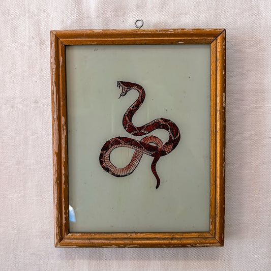 Framed artwork of a snake on a textured beige background