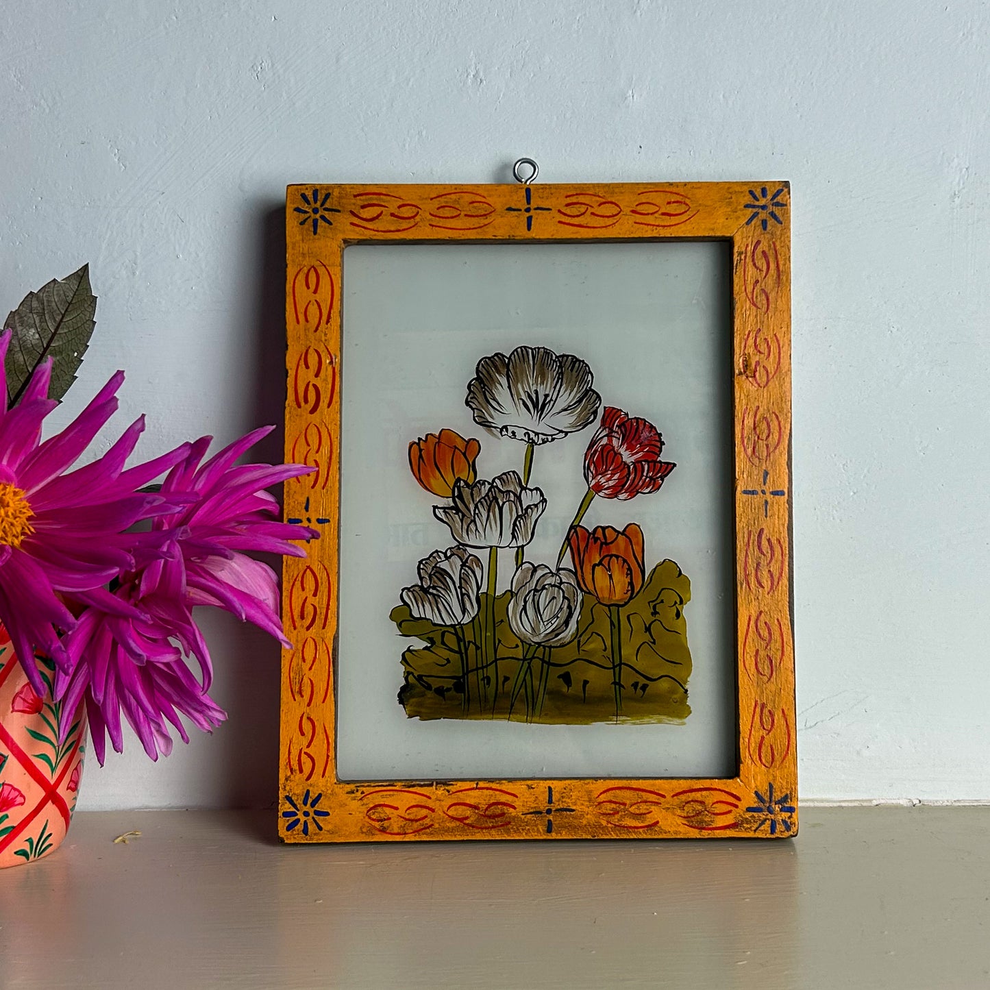 TULIPS WITH AGED ORANGE FLORAL FRAME Indian glass painting