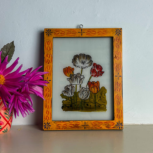 TULIPS WITH AGED ORANGE FLORAL FRAME Indian glass painting