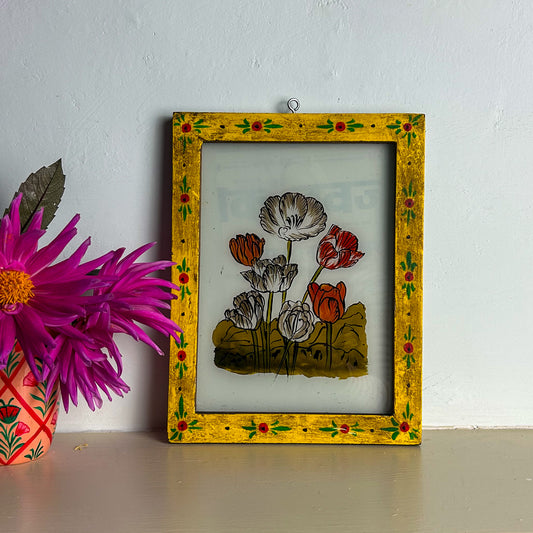 TULIPS WITH AGED CREAM FLORAL FRAME Indian glass painting