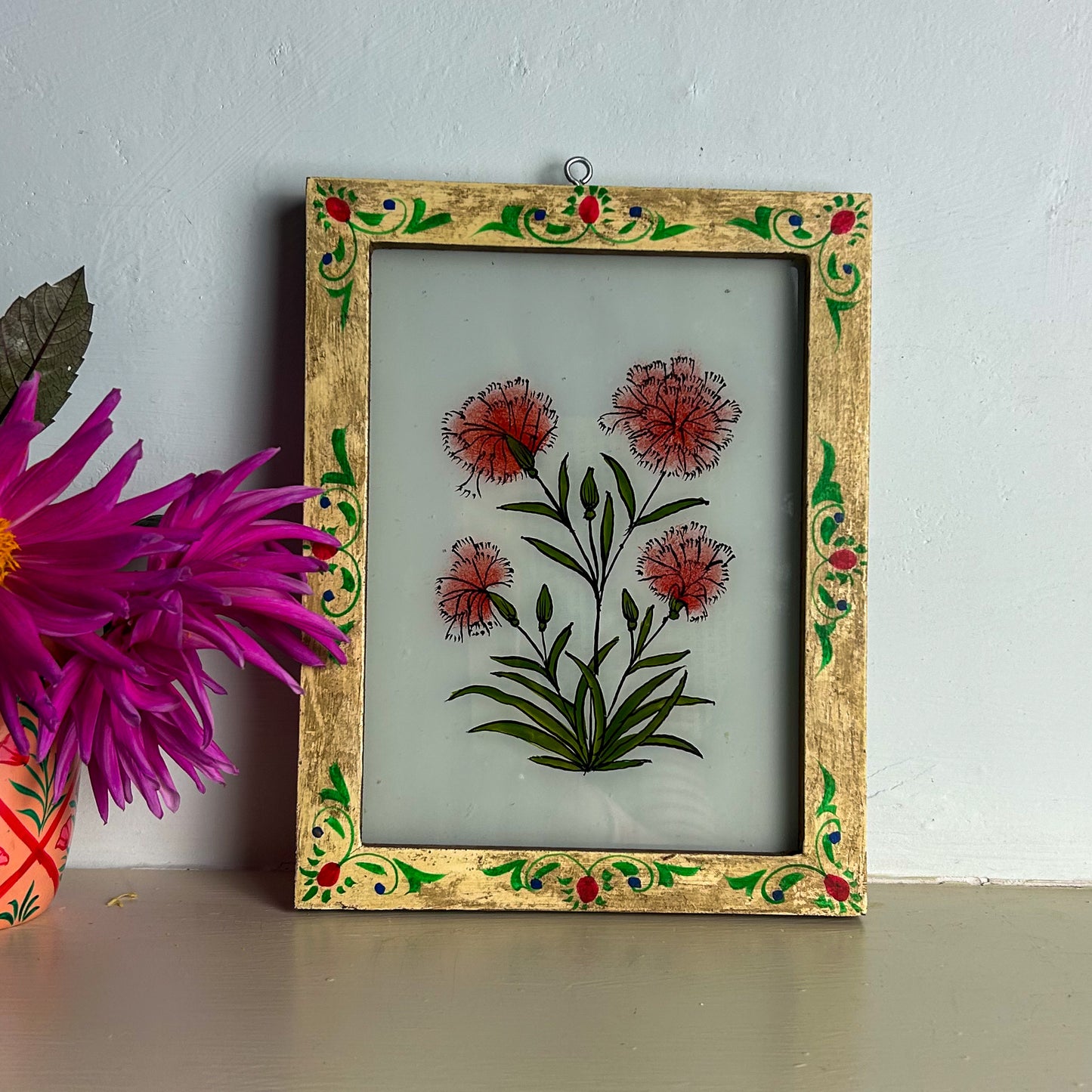 CARNATION WITH AGED CREAM FLORAL FRAME Indian glass painting