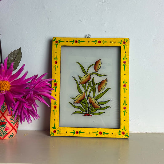 FLOWERS WITH AGED YELLOW FLORAL FRAME Indian glass painting