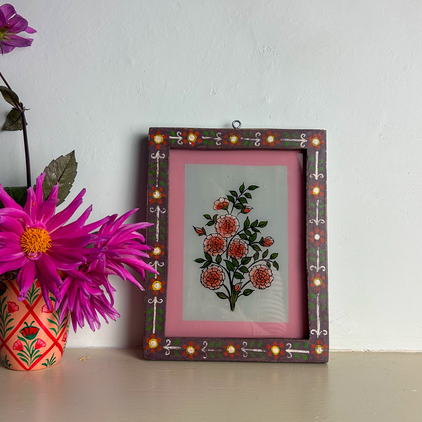 CARNATIONS WITH AGED MAUVE FLORAL FRAME Indian glass painting