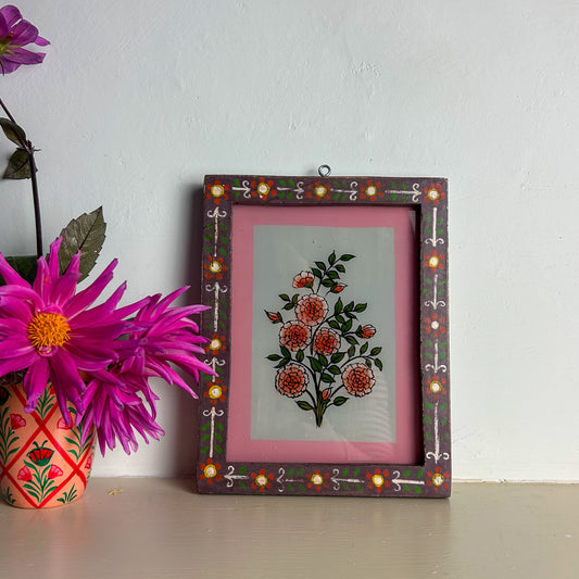 CARNATIONS WITH AGED MAUVE FLORAL FRAME Indian glass painting
