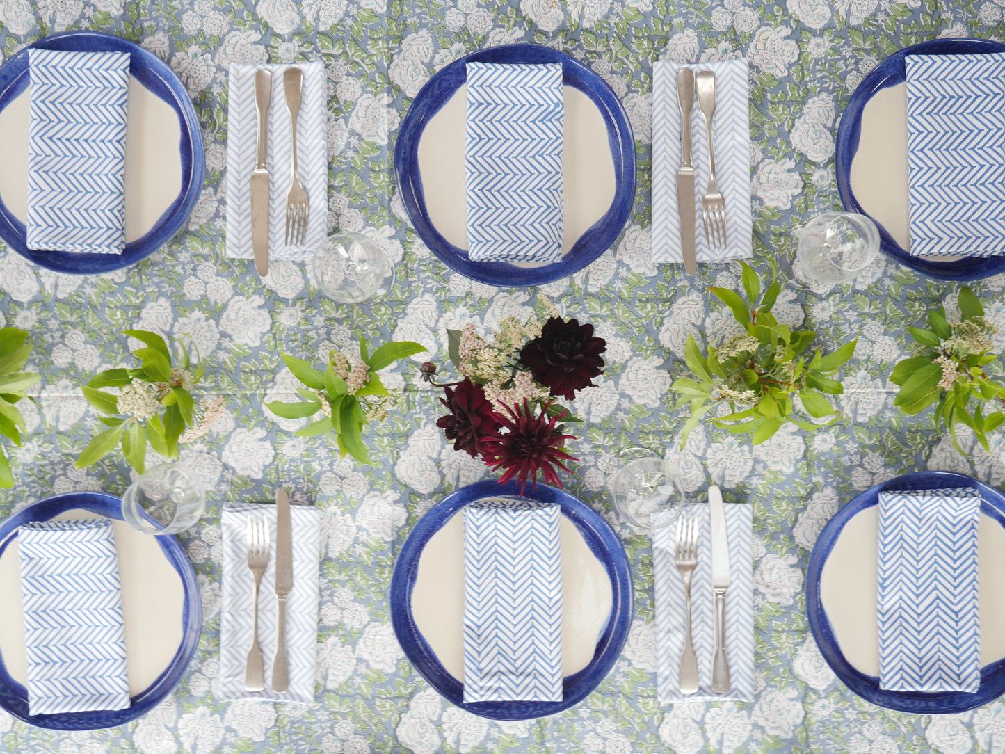 Block Printed tablecloth In Bloom
Floral Tablecloth
Blue and green  Floral
Tablescape
country home 