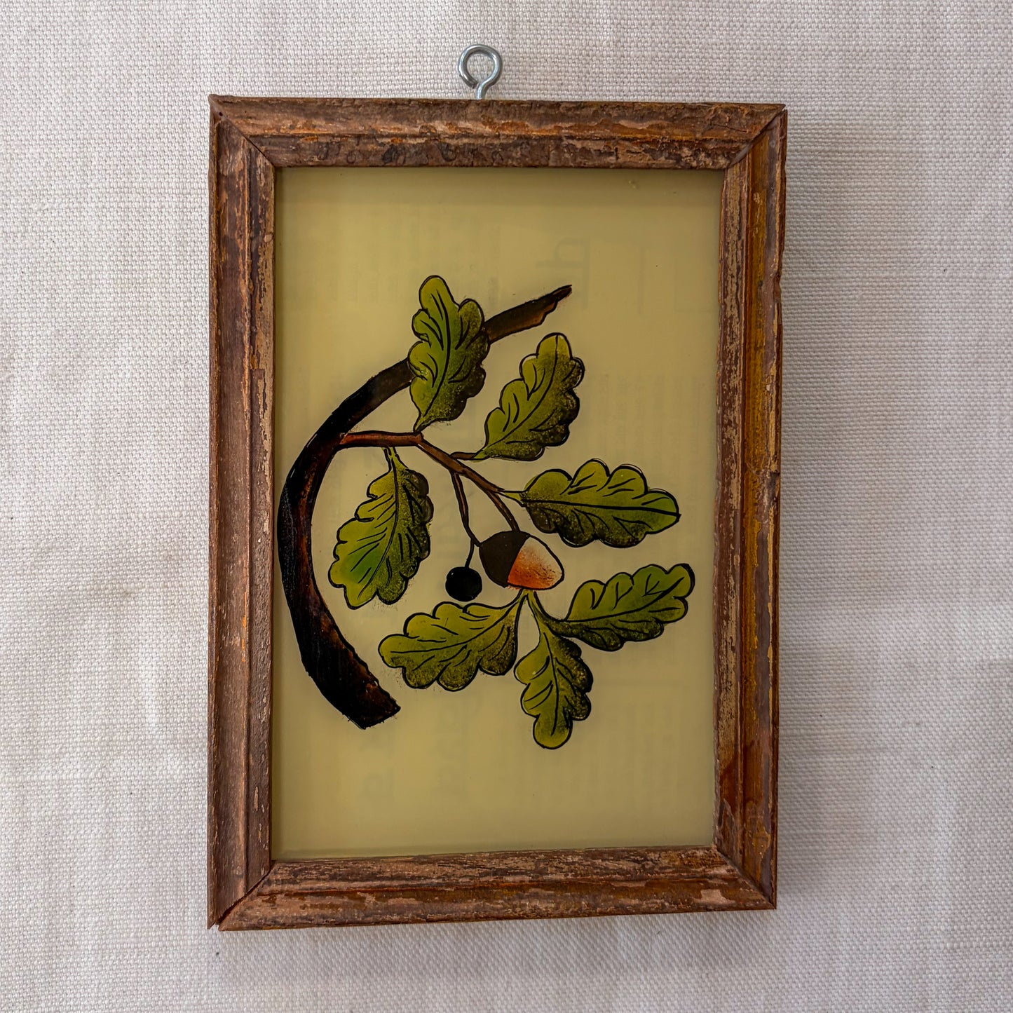 Framed artwork of a leafy branch with acorns on a textured wall background