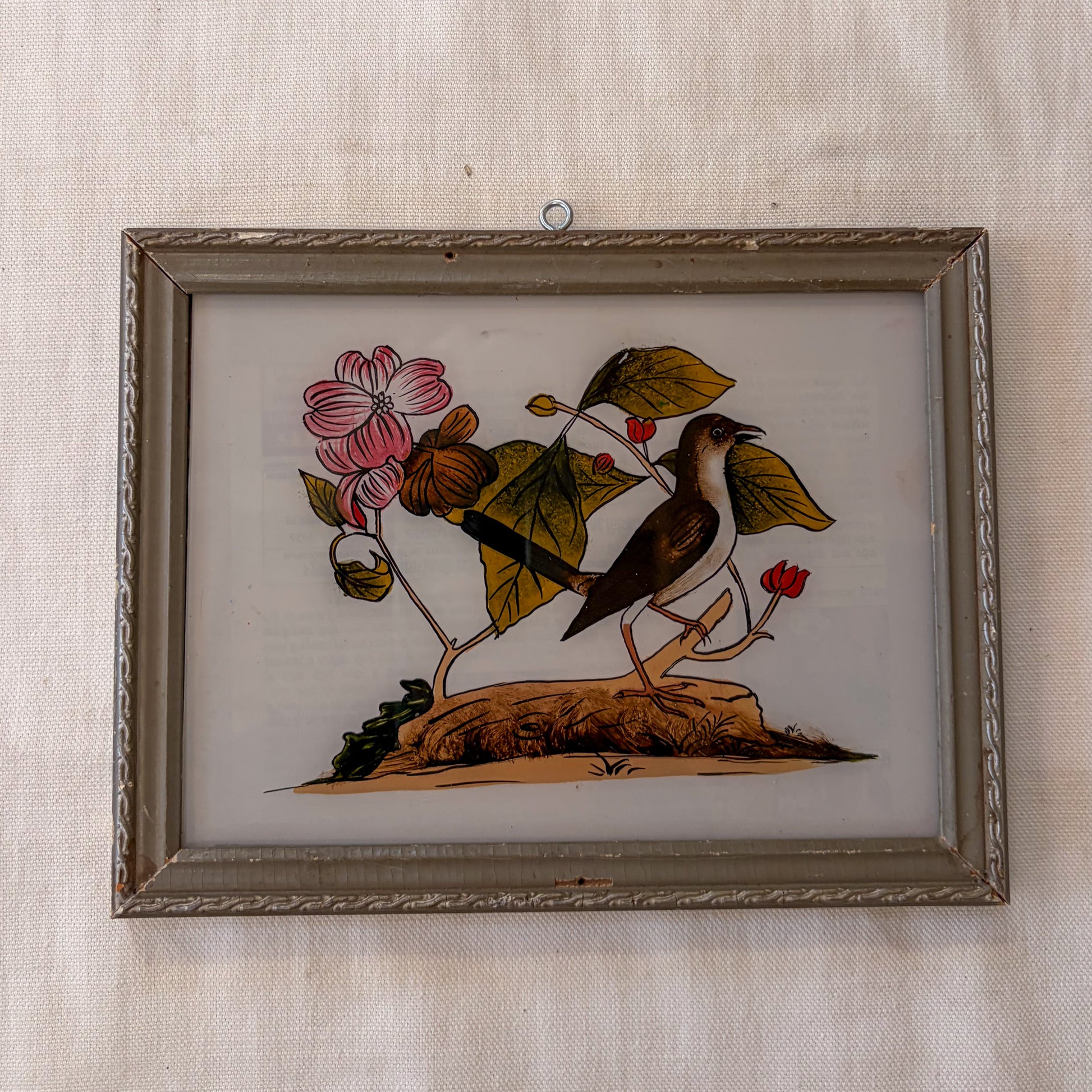 INDIAN GLASS PAINTING BIRD AND FLOWER ON HILL