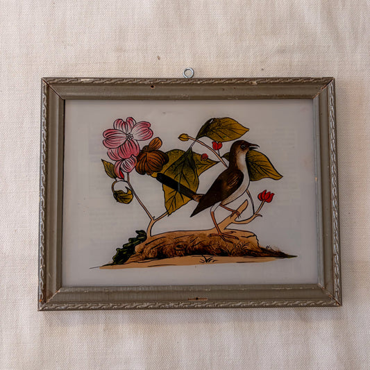 INDIAN GLASS PAINTING BIRD AND FLOWER ON HILL