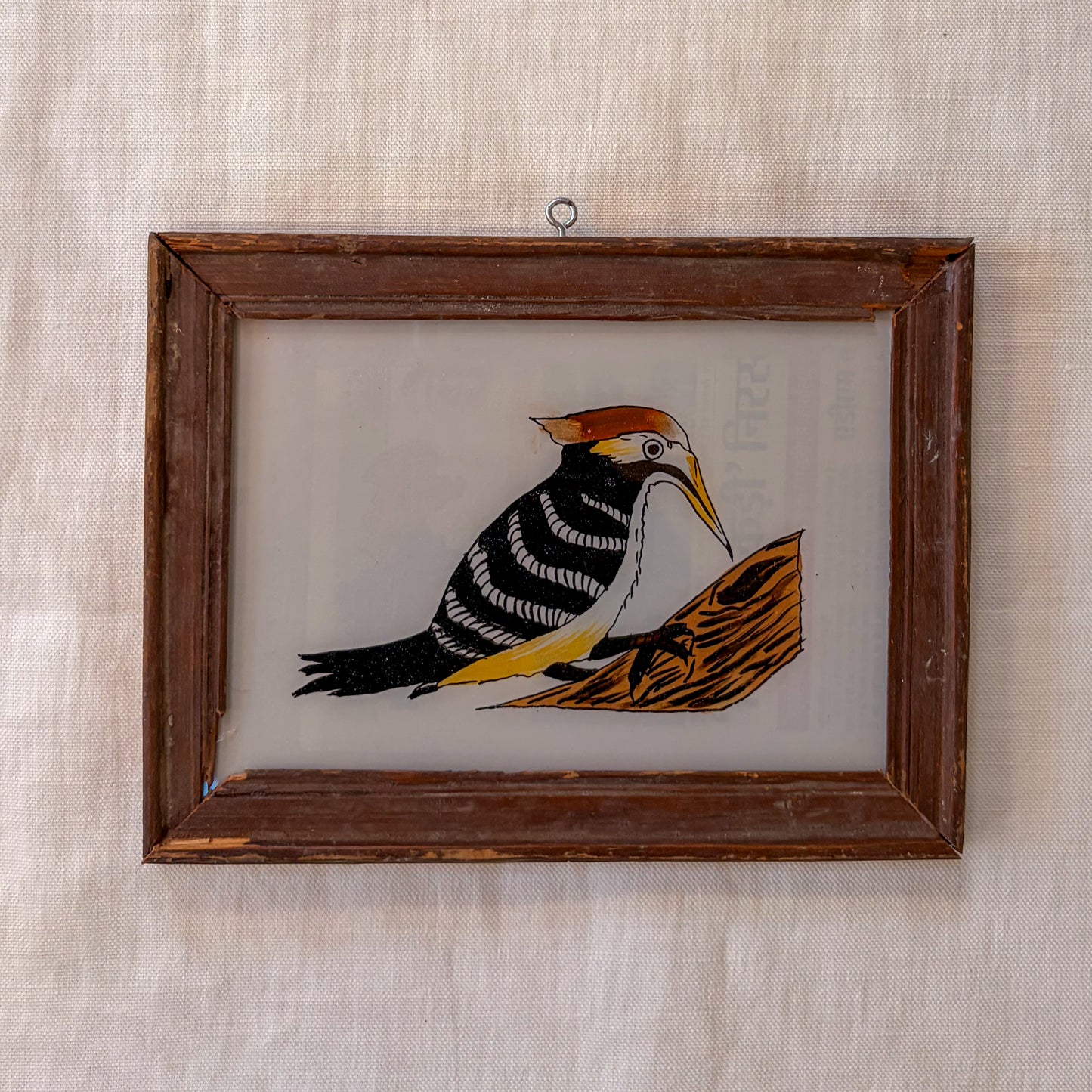 INDIAN GLASS PAINTING STRIPY BIRD IN BROWN FRAME