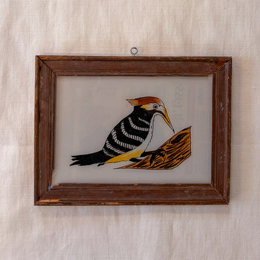 INDIAN GLASS PAINTING STRIPY BIRD IN BROWN FRAME