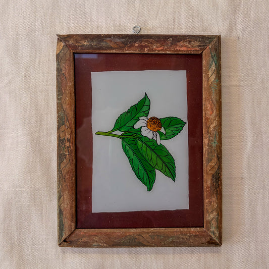 Framed artwork of a leaf and flower on a textured beige background