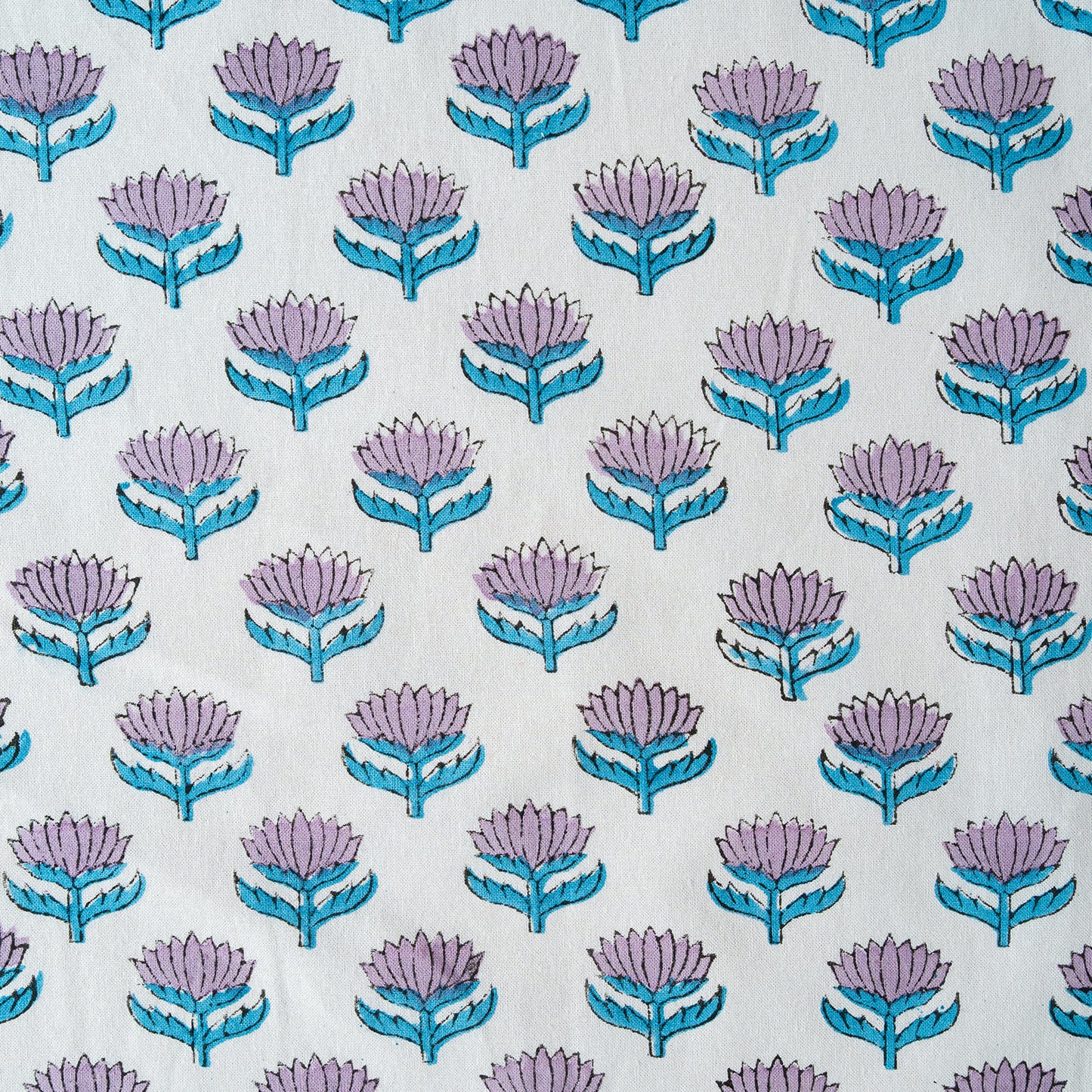 Pattern of purple flowers with blue outlines on a light gray background