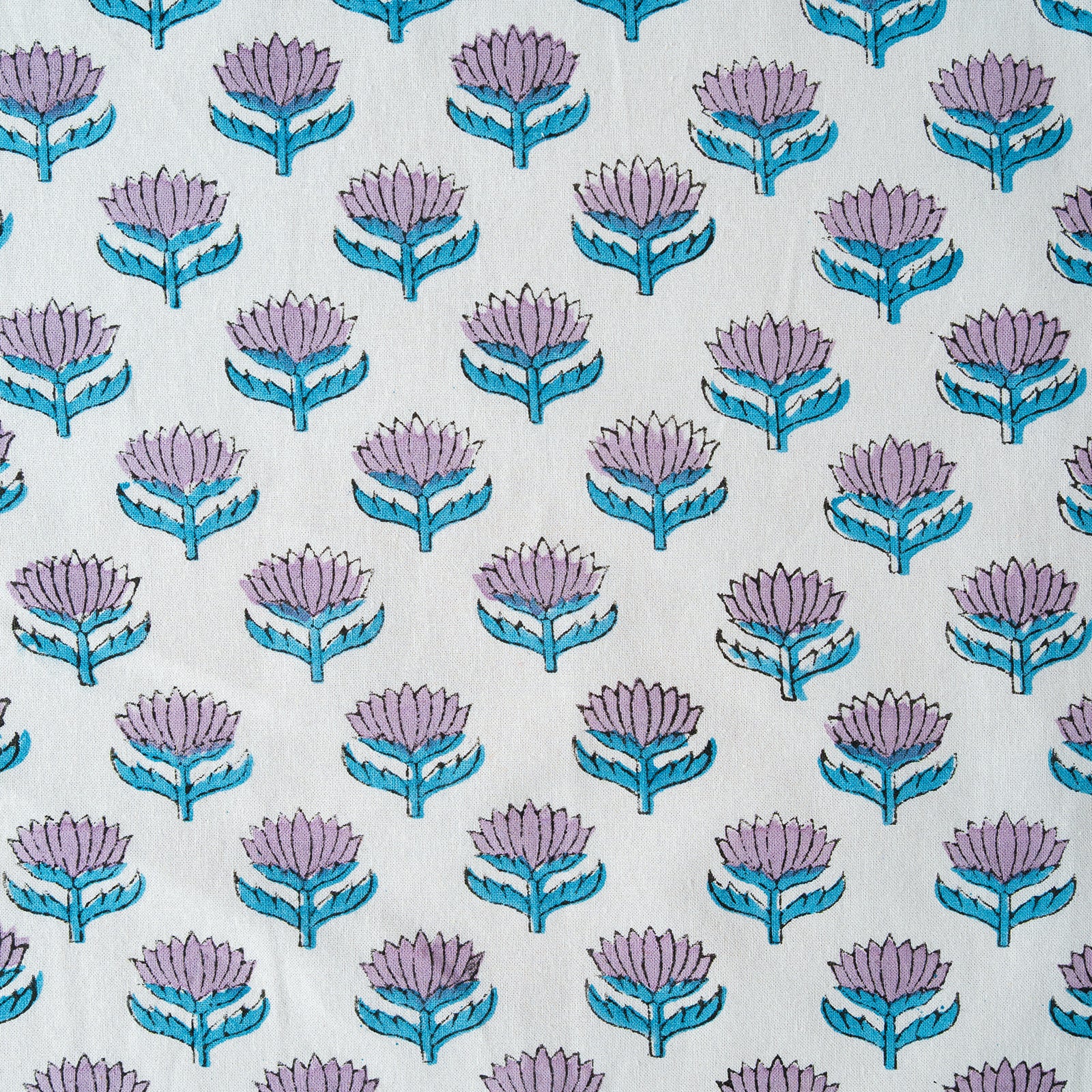 Pattern of purple flowers with blue outlines on a light gray background