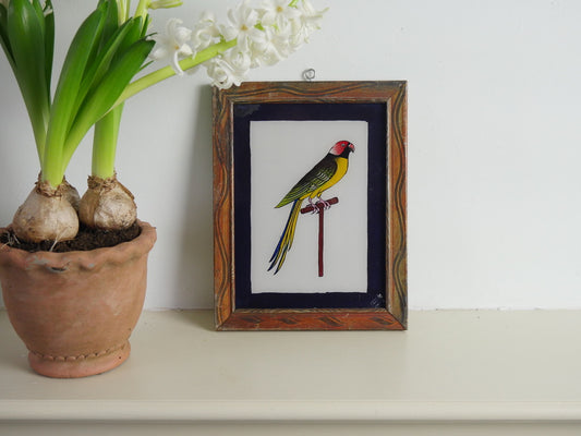 PARROT ON A STAND
reverse painting
hand painted
glass painting