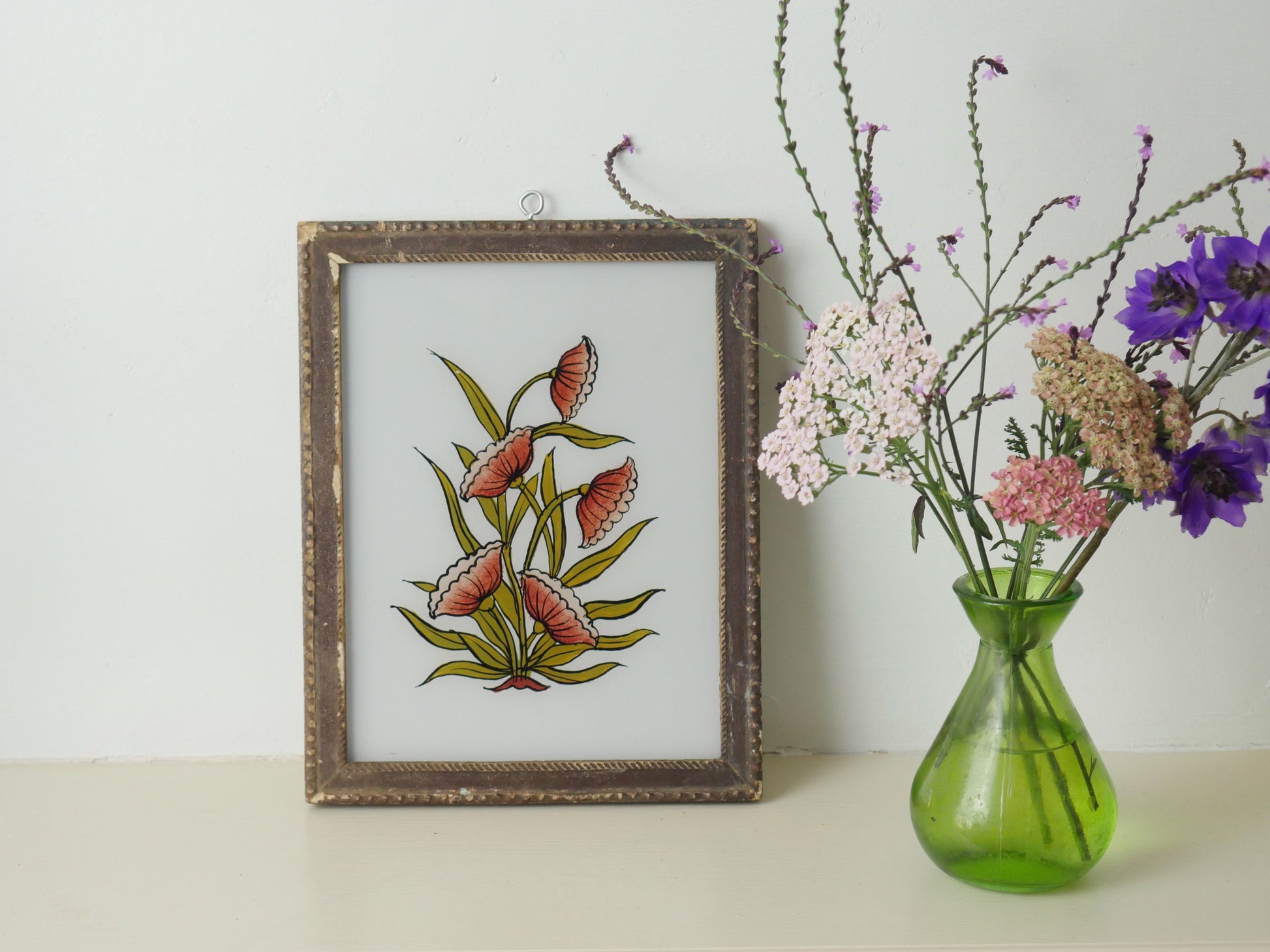 PEACH FLOWER INDIAN REVERSE GLASS PAINTING