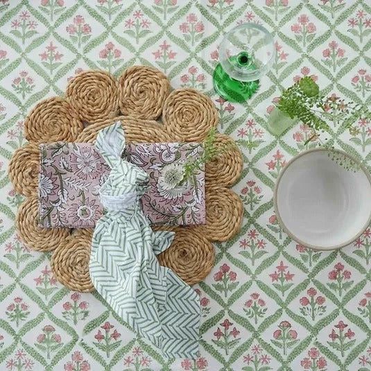 PINK AND GREEN TRELLIS hand block printed tablecloth